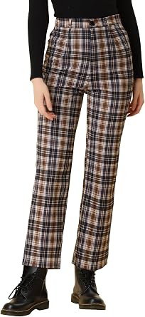Allegra K Womens Plaid Pants High Waisted Vintage Tartan Checkered Cropped Casual Work Pants
