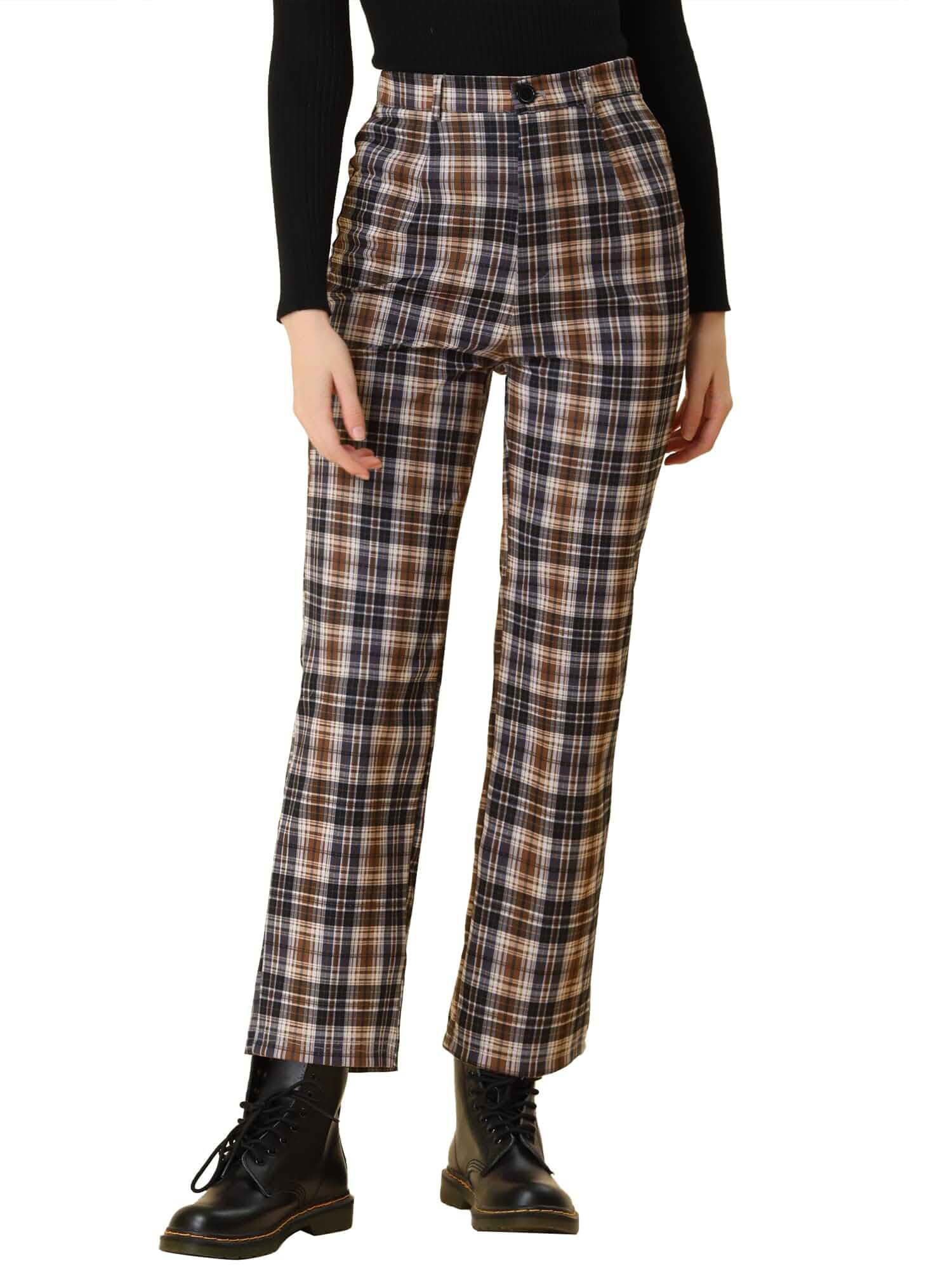 Allegra K Women's Plaid Pants High Waist Tartan Checkered Casual Work Pants Vintage Plaid , High Waist, Straight Leg Work Pants, Stretchy Ankle, Vintage, Elastic Waist