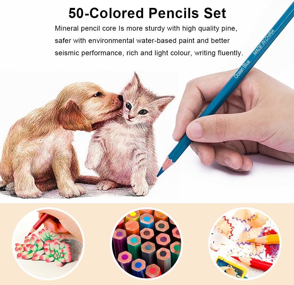 Intsun 50 Colored Pencils Set, Color Pencils Drawing Kit with Portable Roll-Up Canvas Bag Ideal for Adults, Artists, Sketchers & Children (Pouch Bag, Colored Pencils and Sharpener Included)