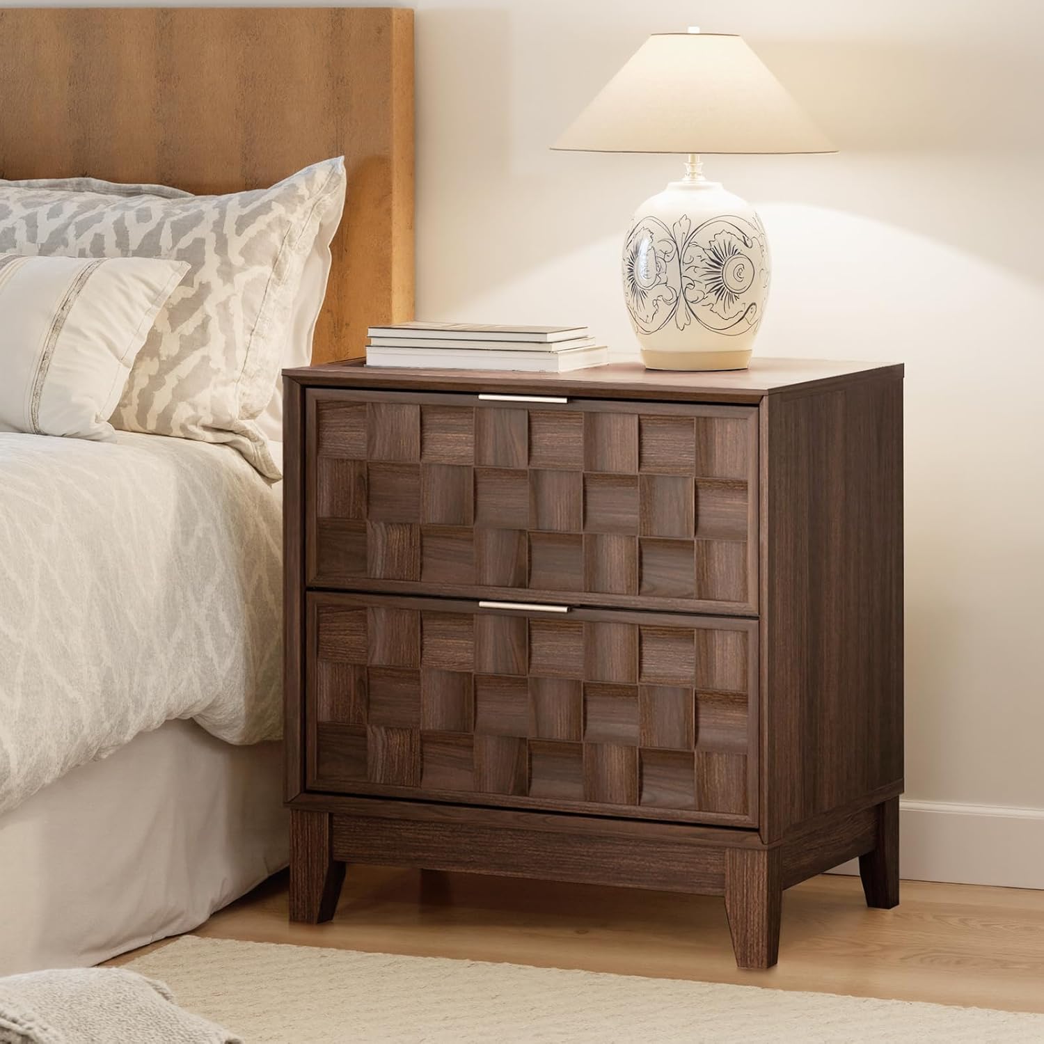 COLAMY Nightstand with Charging Station, 2 Drawers Modern Bedside End Table, with Chessboard Relief and Wood Legs, for Bedroom, Dorm and Small Space - Walnut - Image 10