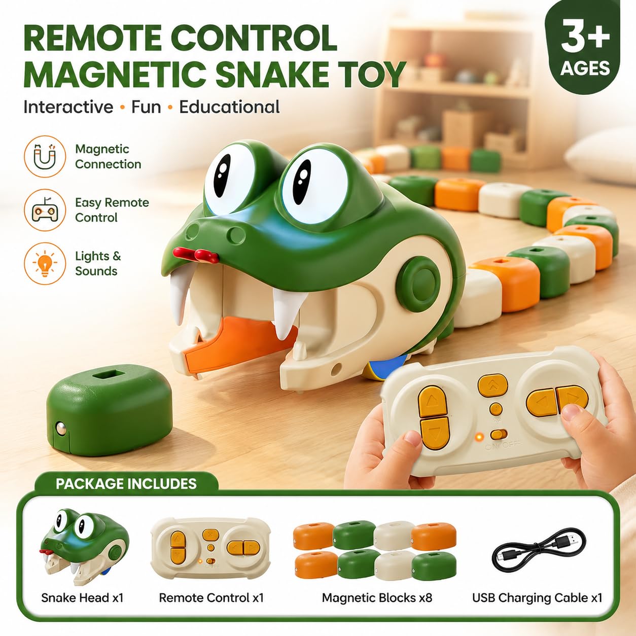Magnetic Snake Game Eating Itself, Remote Control Snake Game con Sonido y Luces, Juego Competitivo Padres-Hijos, Carrera Interactiva Infantil (Verde)