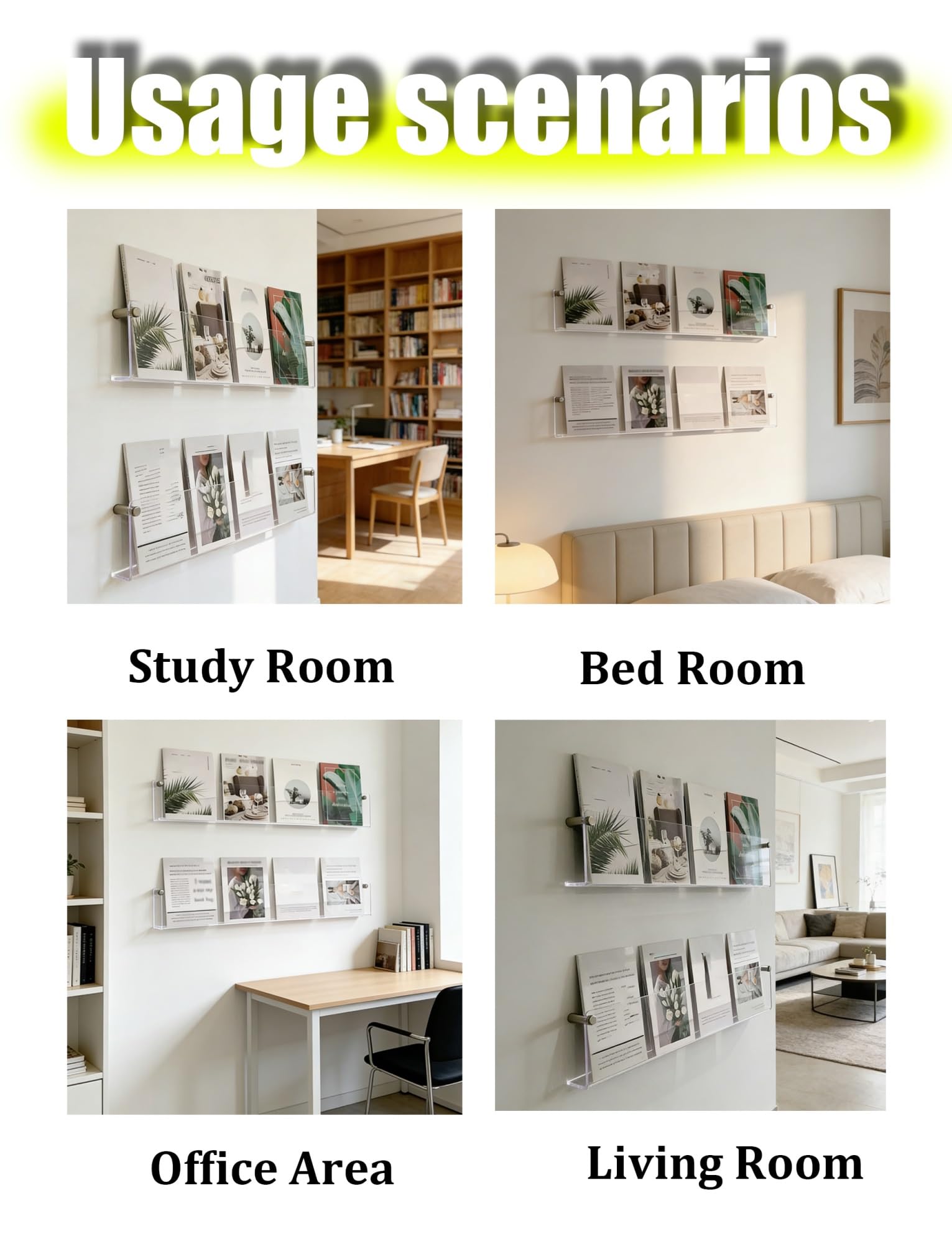 Revistero de acrílico transparente for montaje en pared, organizador de libros y archivador de pared for folletos, documentos, estante de exhibición for oficina, 2 piezas(No perforation,110cm 2piece)