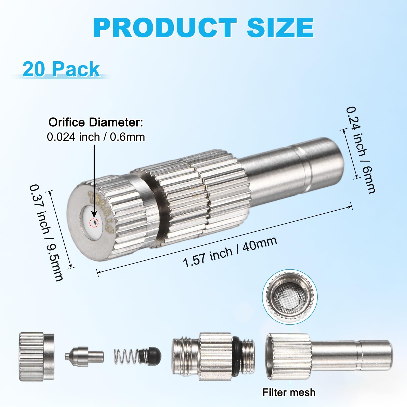 20 sztuk mosiężnych dysz zraszających, głowice zamienne z otworem 0,024"/0,6 mm z grubszą siatką do systemów chłodzenia/ogrodnictwa/nawilżania, dysza niskociśnieniowa 6 mm