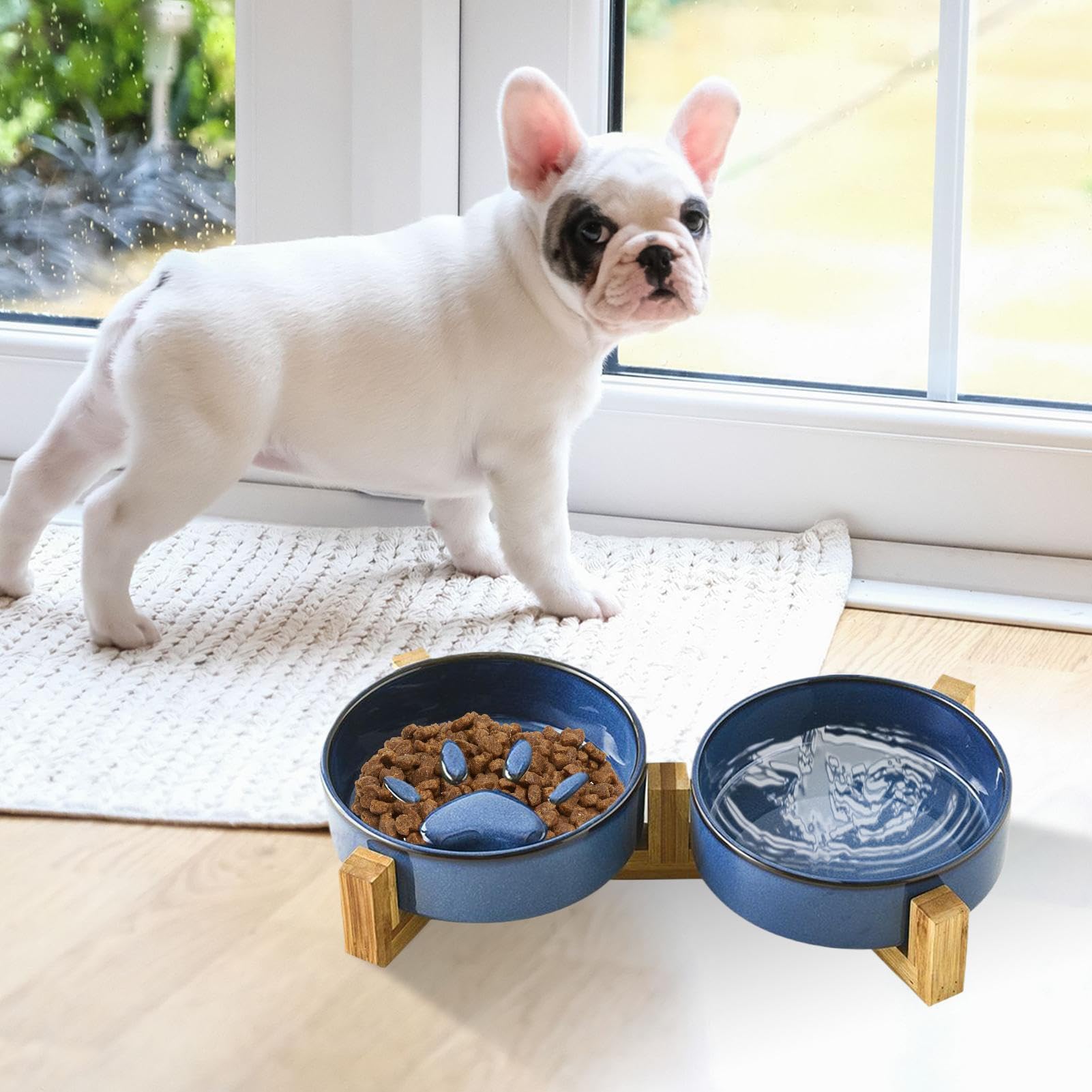 Cuencos Alimentación Lenta para Perros Y Bebedero Mediano Elevado | Set Cuencos Cerámica Huella Linda Perros Estación Alimentación Mascotas Accesorios Plato Camping Coche Hogar Exterior Patio