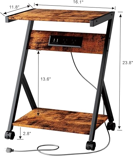 Miniatura 3 de MLBZ77RE - Mesa auxiliar en forma de C con estación de carga, soporte de impresora, mesita de noche, mesa de sofá, marco de metal con ruedas