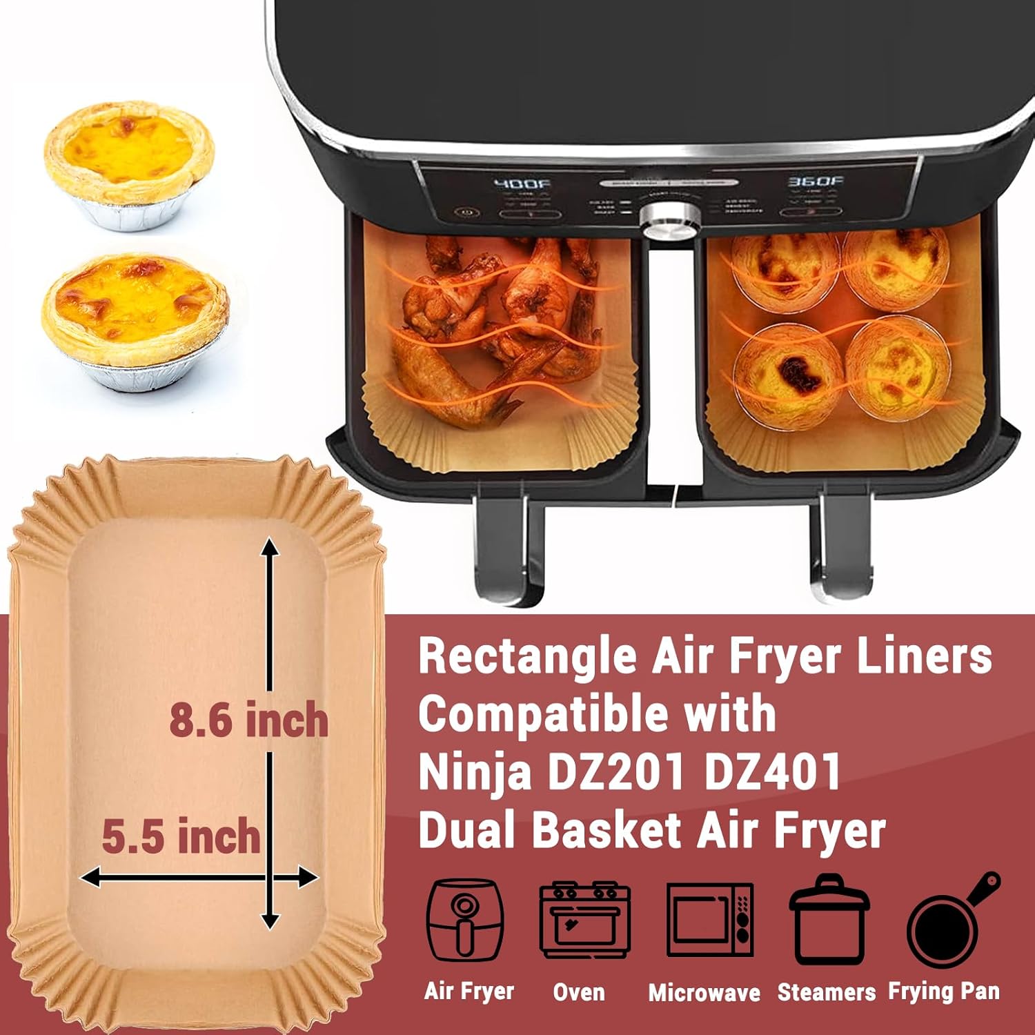 150PCS Air Fryer Liners for Ninja, 8.6 x 5.5 inch Disposable Air Fryer Paper Dual Basket, Non-Stick Unbleached Parchment Paper Baking Accessories Liners for Natural Ninja DZ201 DZ401 - Image 2