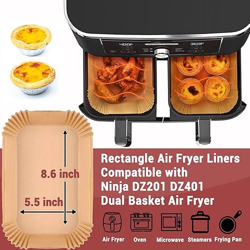 Miniatura 2 de 100 forros para freidora de aire para Ninja, 8.6 x 5.5 pulgadas, papel desechable para freidora de aire doble, papel pergamino antiadherente sin