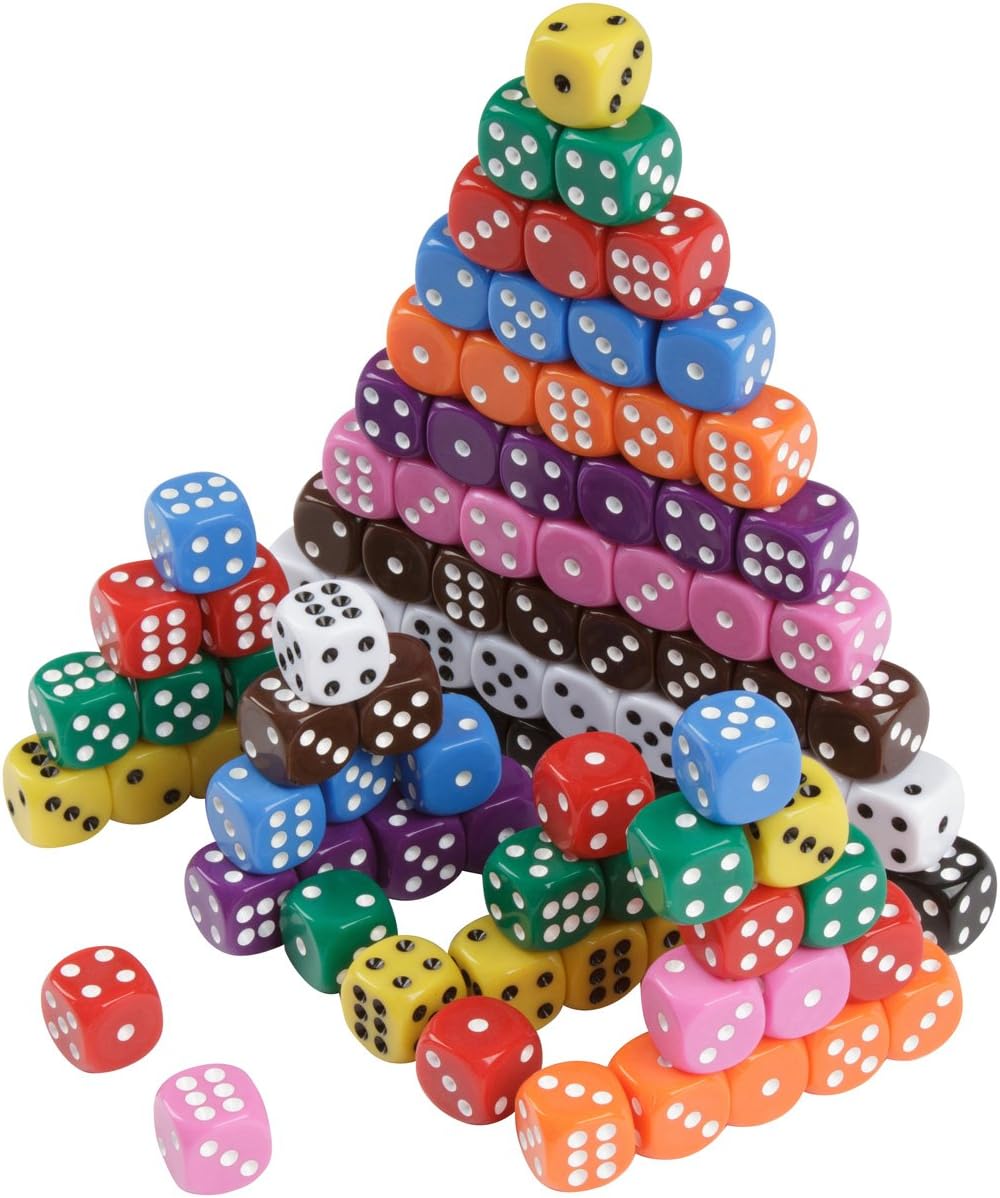 Family Glue 100 Dice Party Pack w/ 10 Colors, Play Tenzi, Liars Dice, Yahtzee, Farkle, Bunco and Teach Math. 2016 Edition: FREE Dice Bag, 10 Colors, 10 Rounded 16mm Acrylic Dice per Color