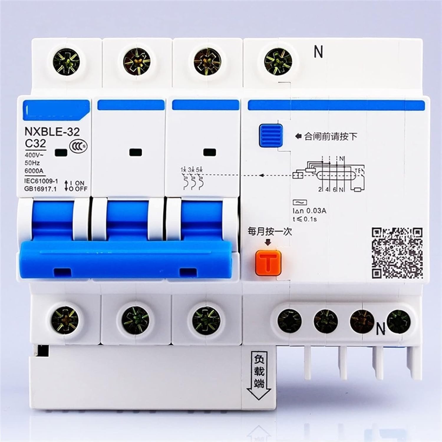 GVBAEPIEO Circuit Breaker AC230/400V NXBLE-32 3P N Residual Current Device C 6 10 16 20 25 32A Electromagnetic Release Type Overload Protection 1Pcs(32A)