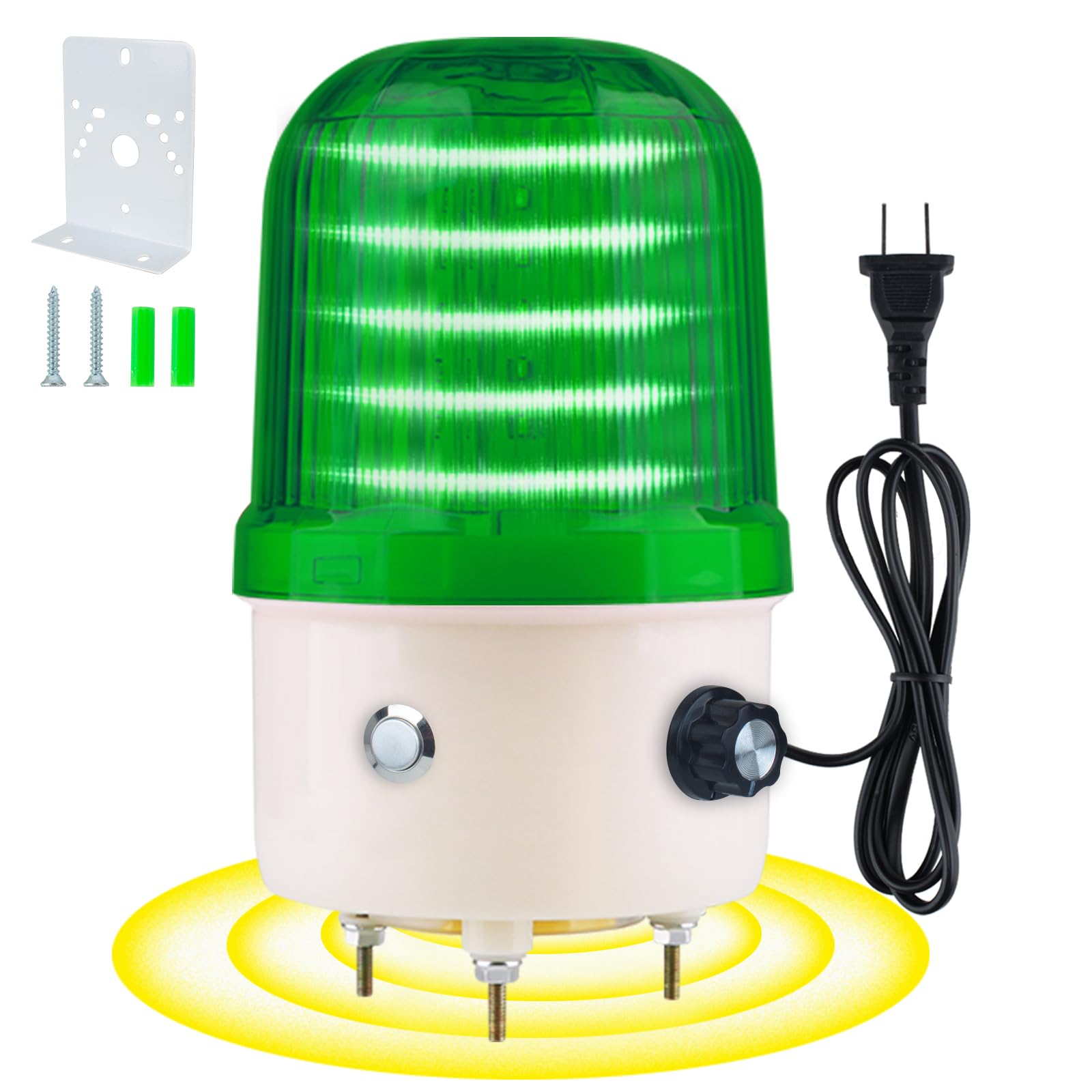 Industrial LED Rotating Warning Light, AC110V Red Strobe Light for Public Emergency Alarms, Indoor/Outdoor Safety Siren with Volume Adjustment/Plug and Buzzer (Green PRO(0-130dB,AC110V))
