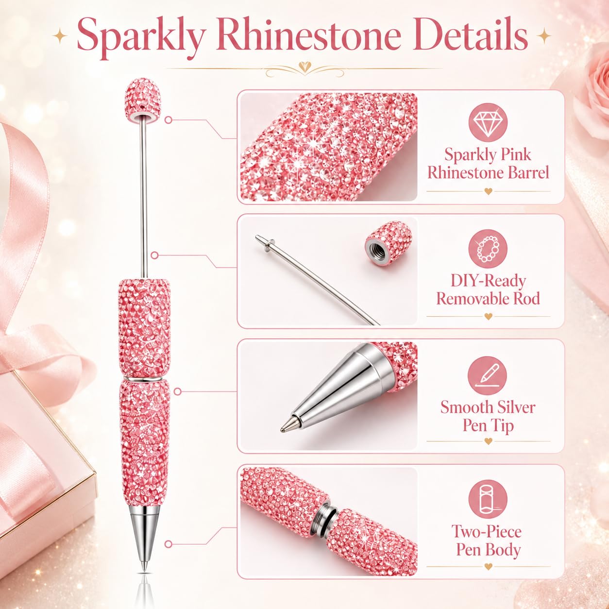 Glitzerstifte mit Strasssteinen, für Perlen, niedlicher Journaling-Stift für Frauen, lustiger glitzernder Kugelschreiber, Tween-Mädchen, Geschenke, trendige Sachen, Rosa, 7 Stück