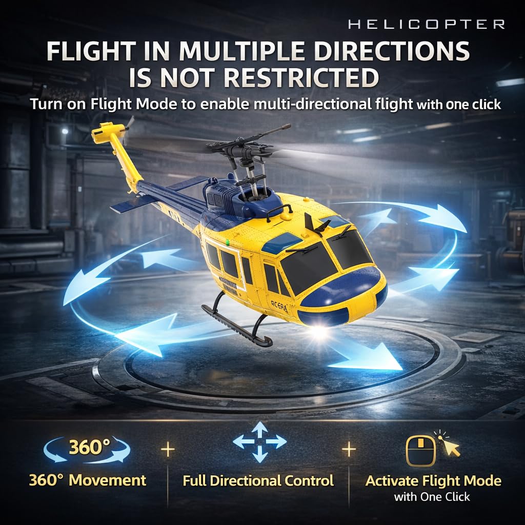 C032 RC Hubschrauber für Erwachsene, UH-1 Huey 6CH Military Scale Aileronless Aerobatic RC Helicopter with Fly Upside Down 3D Rolling & Intelligent Positioning System for Enthusiasts(Yellow)