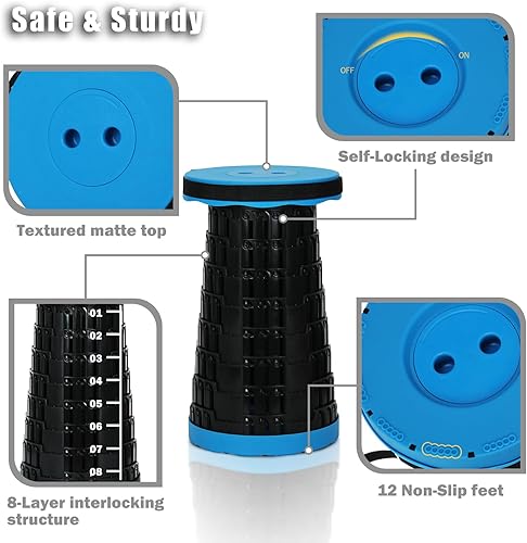 Miniatura 9 de Taburete plegable portátil, taburetes plegables retráctiles ajustables, asiento plegable mejorado para pesca al aire libre, senderismo, jardinería,