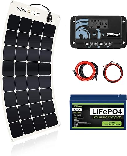 ExpertPower Kit de energía solar de 100 W y 12 V  Batería de litio LiFePO4 de 12 V 10 Ah  Panel solar flexible de 100 W, controlador de carga solar