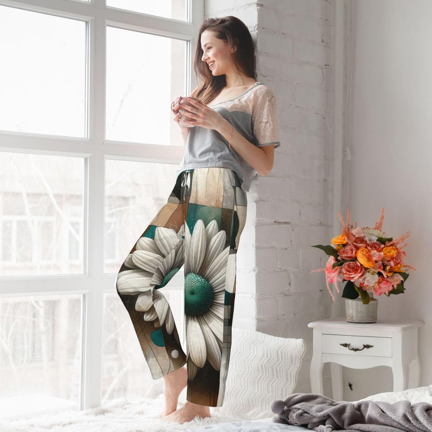 Women'S Geometric-White-Daisy Fleece Pajama Pants, Cozy Flannel Lounge Bottoms For Women