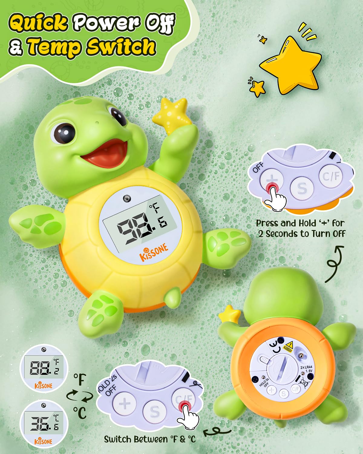 Baby Badethermometer, Digitaler Wassertemperaturmonitor für Neugeborene & Kleinkinder, genaue Temperaturmessungen, BPA-frei, °F/°C, schwimmendes Schildkrötenspielzeug mit Badewassersicherheit