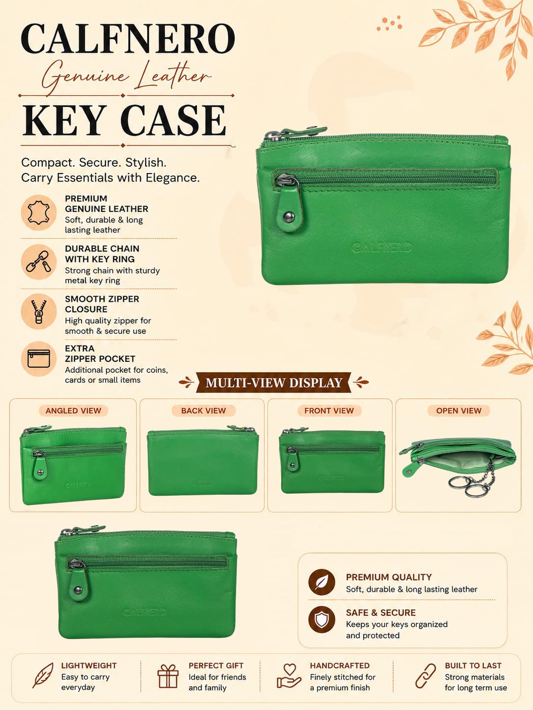 CALFNERO Genuine Leather Coin Wallet & Key Case | Leather Key Organizer for Men Women | Zippered Key Holder, Coin Purse, Cash & Card Pouch | Unisex Compact Travel Wallet (Parrot-Green) 2
