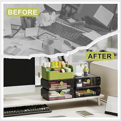 Miniatura 7 de TEAMIX Organizador de escritorio de 3 niveles con 2 cajones transparentes, 6 ranuras apilables, soporte para lápices para escritorio, lindos