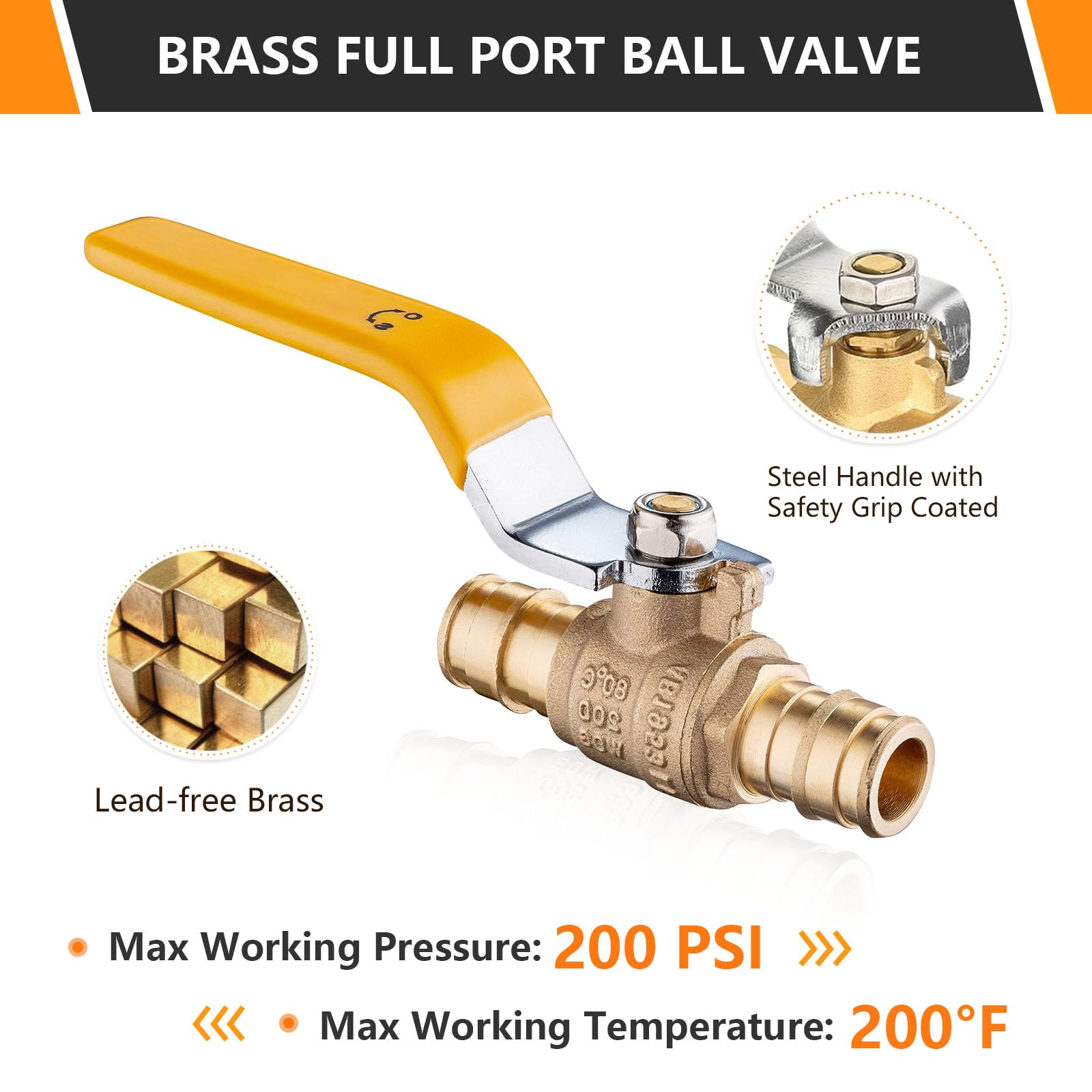 HeSun 10 válvulas de bola de expansión PEX A, válvula de cierre de latón de 1/2 pulgada para agua caliente y fría, compatible con tubo de expansión PEX-A, ASTM F1960, amarillo