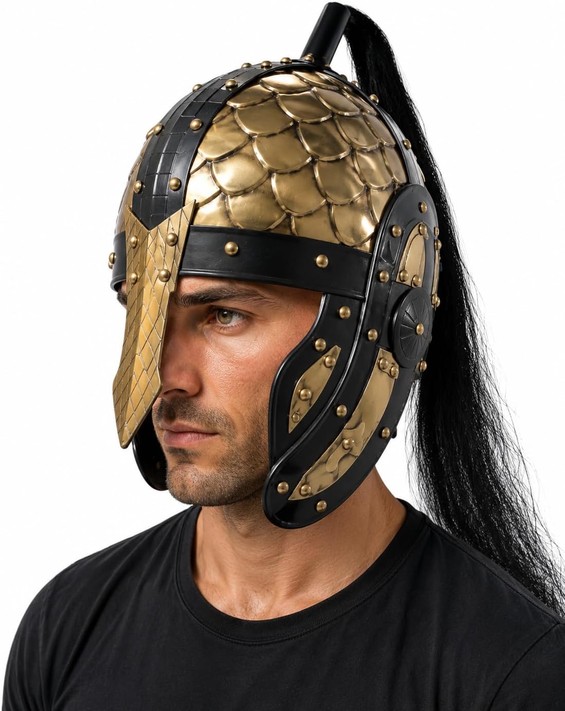 Medieval Snake Helmet, Gold and Black Scale Armor Style with Nose Guard and Black Plume