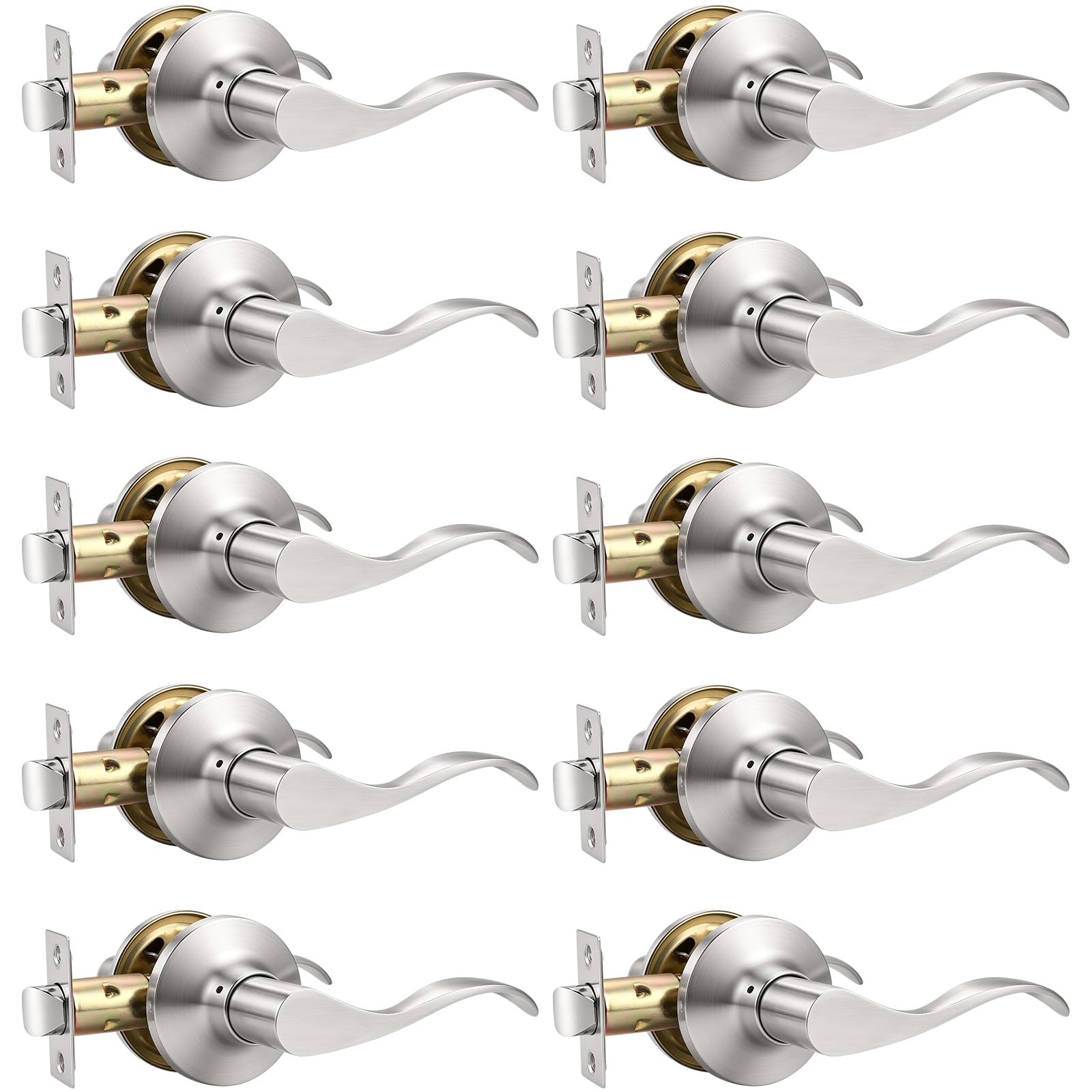 Mengico 10 Pack Satin Nickel Modern Interior Passage Door Knobs, Keyless Door Handle for Hallway &amp; Closet, Wave Style Non-Locking Door Lever Reversible for Left &amp; Right Handed