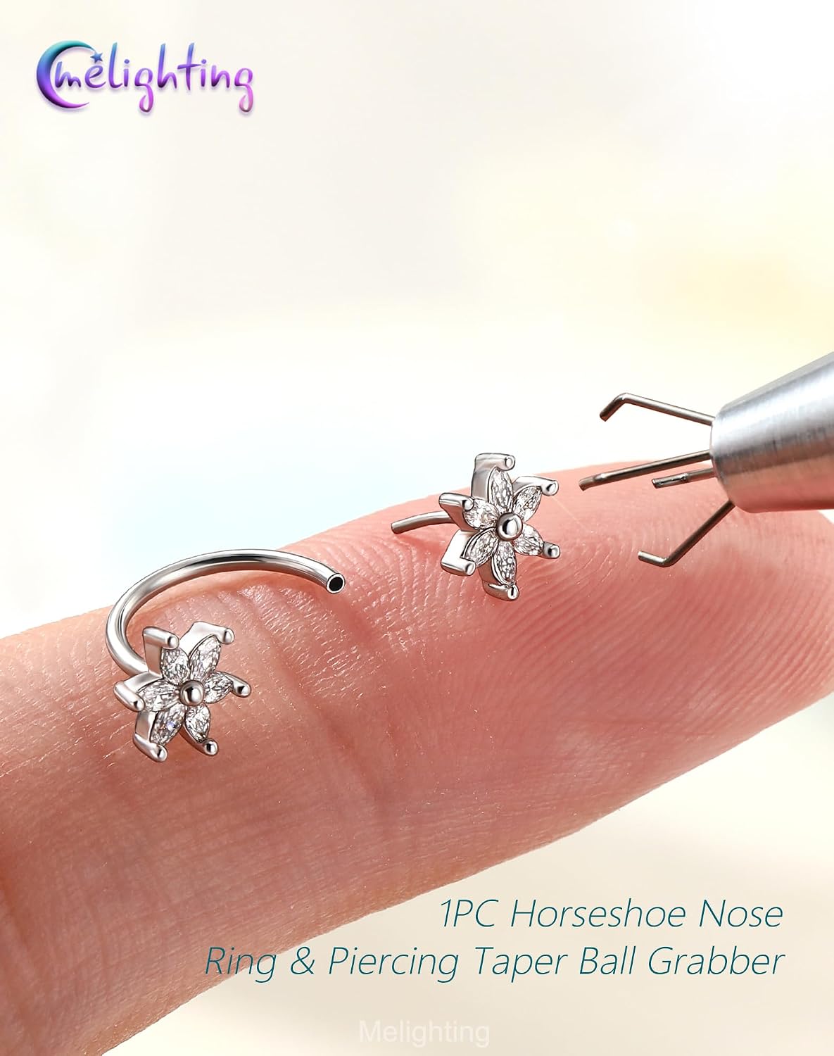 Melighting Flower 20G Horseshoe Nose Ring Hoop, Piercing Taper Ball Grabber Tool Set 316L Stainless Steel, CZ Clear Threadless Push in Nose Septum Daith Lip Rook Helix Piercing Jewelry for Women 7/8mm