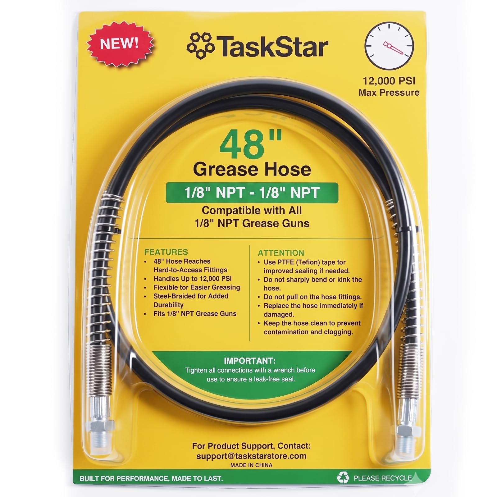 TaskStar Grease Gun Hose, 48-Inch 12000 PSI for All 1/8” NPT Grease Guns