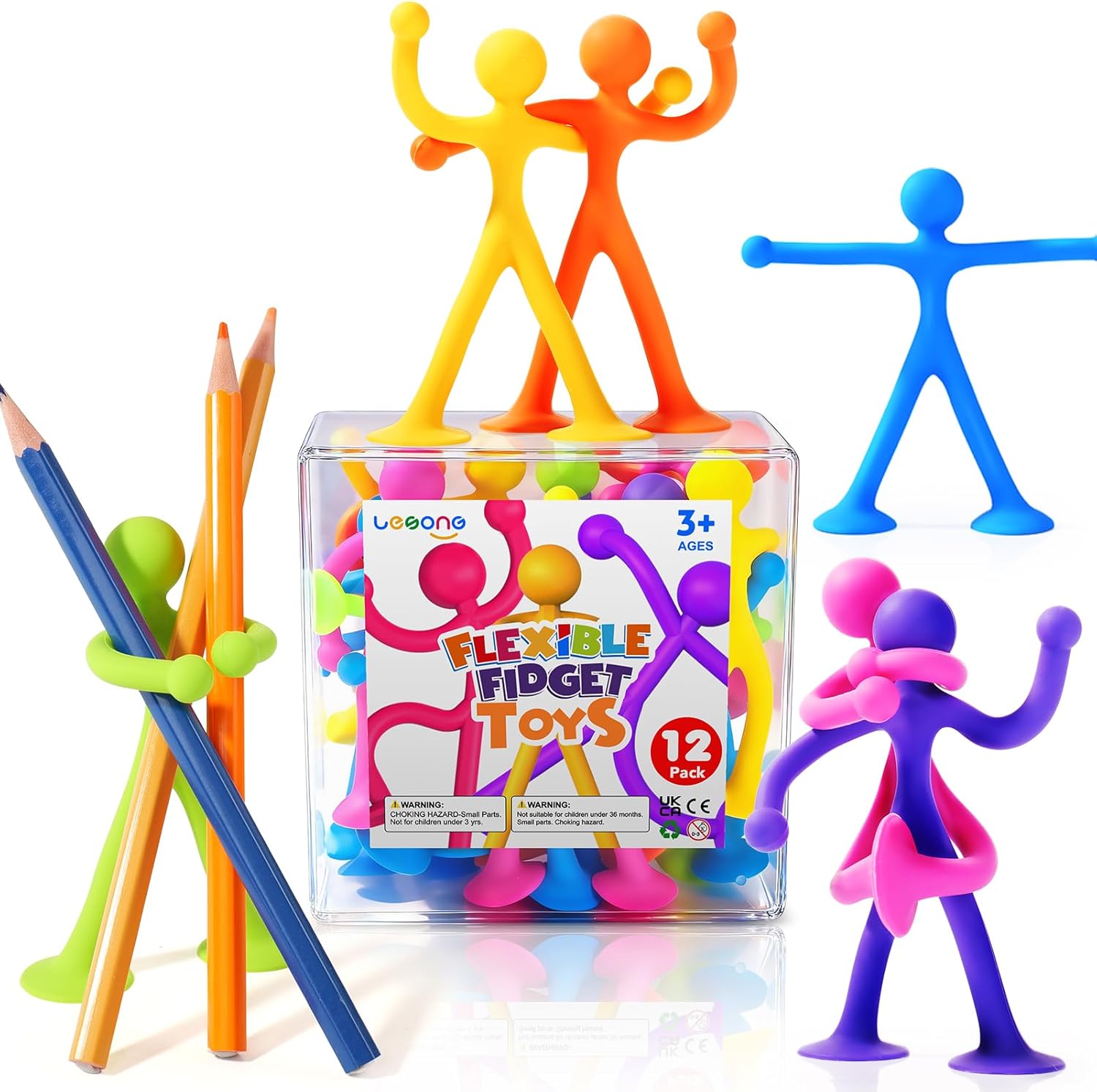 LESONG Quiet Fidget Toys for Kids: 12 Pack Bendable Sensory Toys with Suction Cups - Fidget Toys for Autism ADHD Calming Classroom Travel - Easter Gifts for Kids