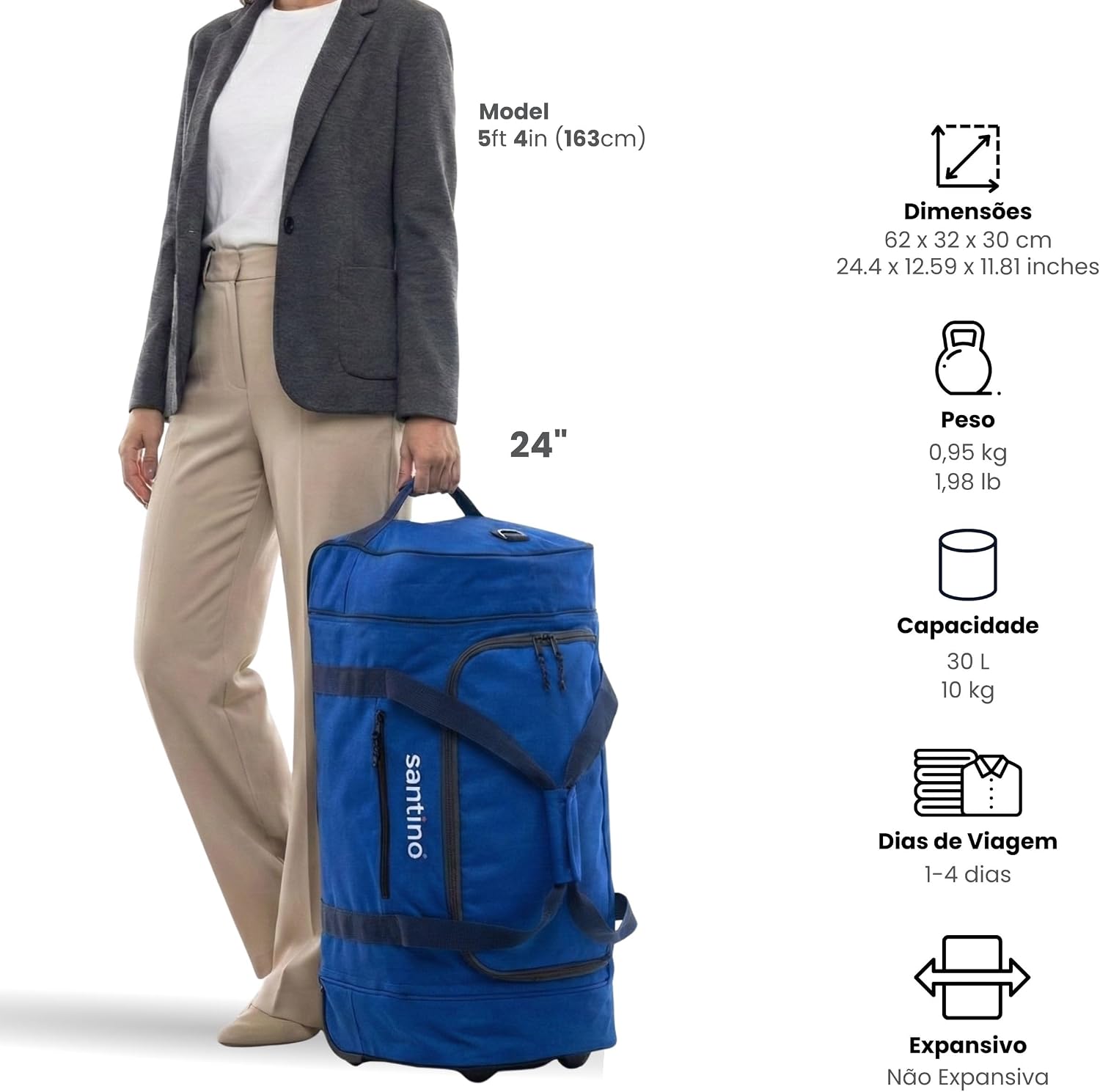 SANTINO Bolsa de Viagem Mala Esportiva Grande Duffel Bag Resistente com Alça Transversal Compartimento Lateral Bolsa Academia Transporte de Roupas Viagem Curta Longa Azul
