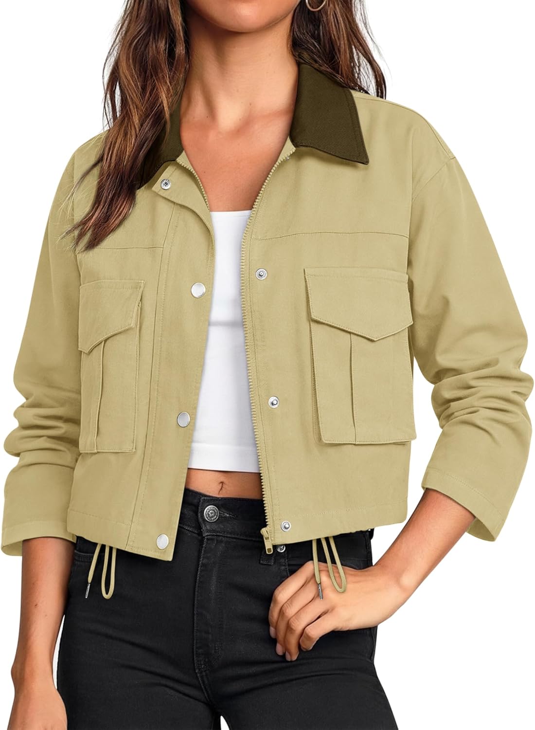 COCCKO Womens Cropped Jacket Zip Up Lightweight Bomber Button Drawstring Oversized Utility Casual Coats With Pockets
