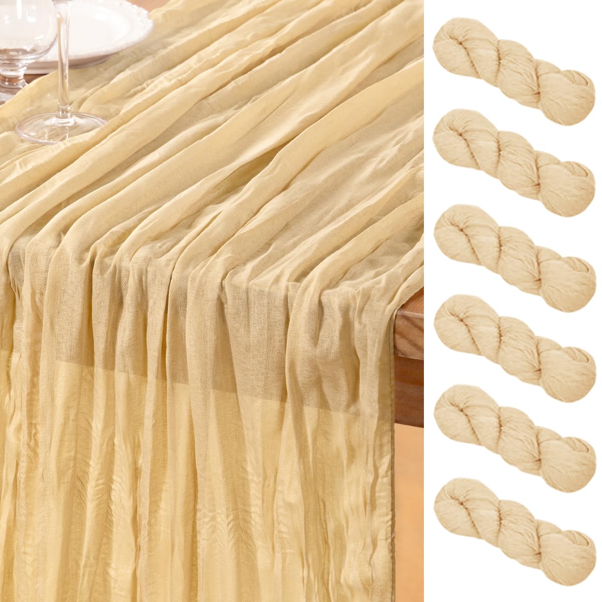 DeZerlor Boho Champagne Cheesecloth Table Runners 6 Pack 35" W x 120" L Spring Wedding Decor โ image 1