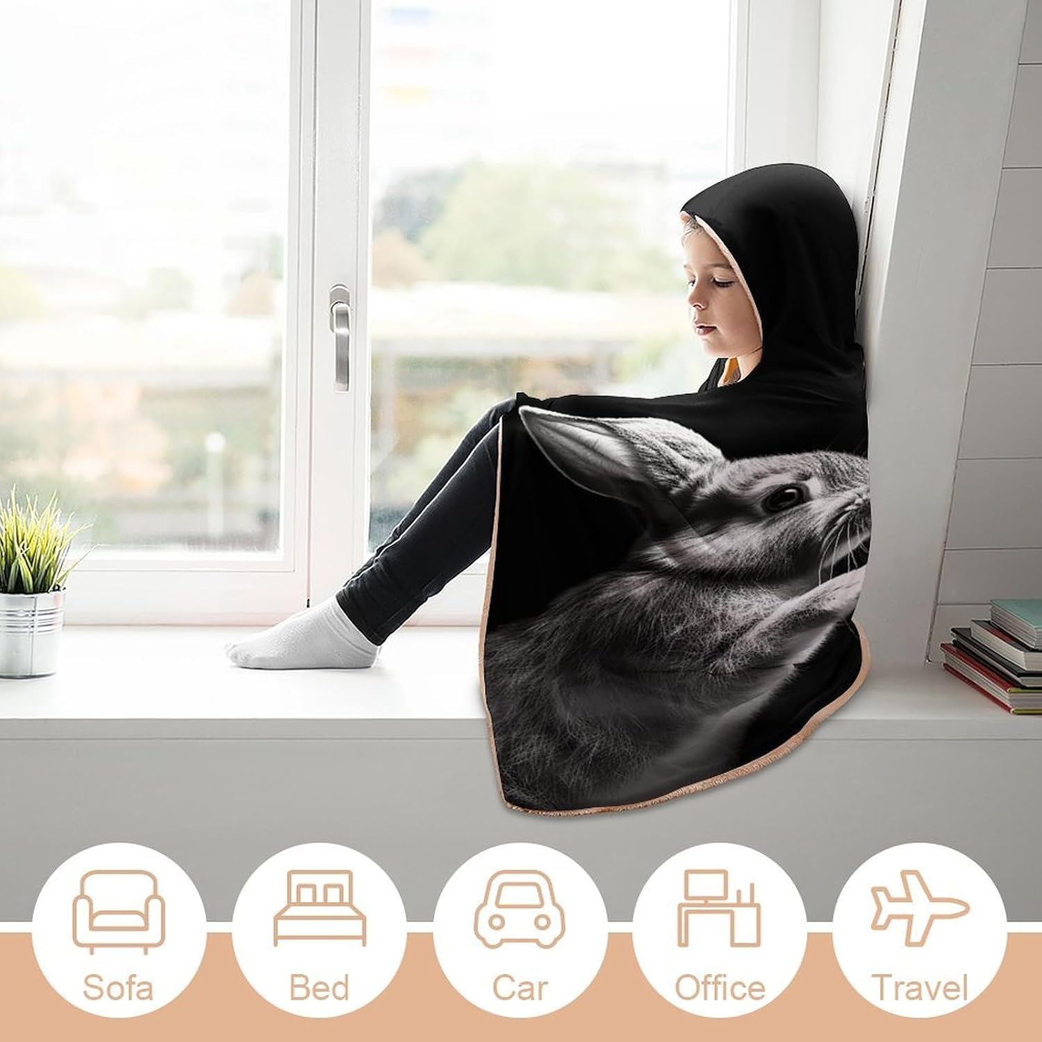 Give Rabbit Clip Art Hooded Blanket Cozy And Functional,Wearable Blanket Hoodie for Women Men,Blanket Poncho Presents60 x80
