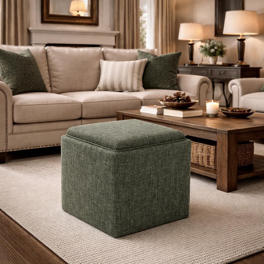 HomePop Home Decor Storage Ottoman with Tray Top|Upholstered Modern Square Storage Ottoman with Storage for Living Room & Bedroom, Green Clover Fabric