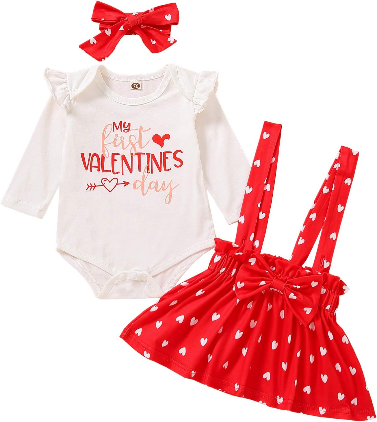 Baby Girls My First Valentine's Day Outfit Ruffles Long Sleeve Romper + Heart Suspenders Skirt Set