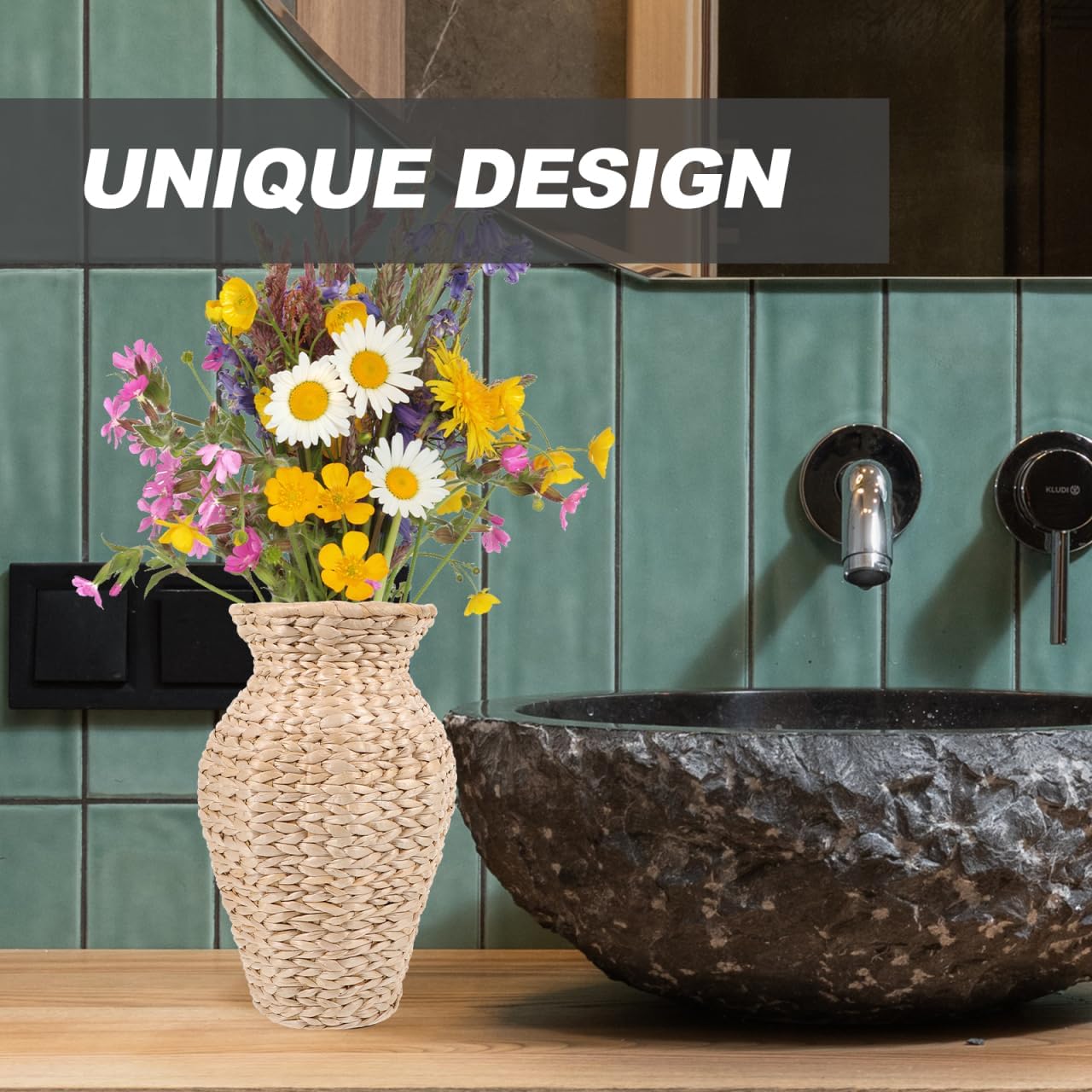 Amosfun Rattan Vase Cattail Decorative Vase Dried Flower Arrangement Home Office Countertop Centerpieces 6.8 x 6.8 x 11 Inch