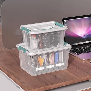 2 Pack Latch Storage Bins with Handles, 7 Quarts & 14 Quarts Clear Plastic Tote Box Container