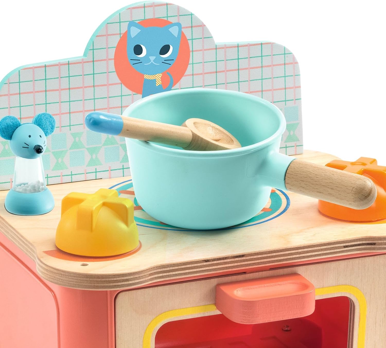 DJECO - Kitten Stove Playset for Toddlers - Role Play - Ages 18 Months and Up - Pretend Cooking in Play Kitchen - Compact and Portable - Includes Cooker, Saucepan, Spoon, Salt Shaker
