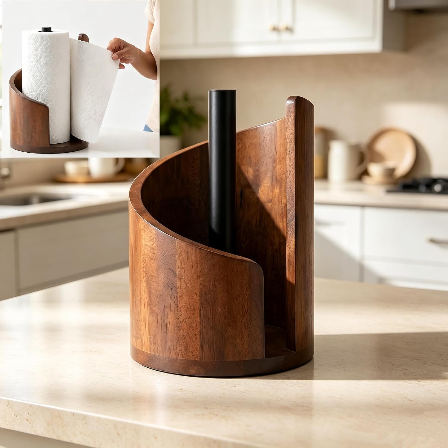 Fluted Paper Towel Holder, Wooden Stand with Metal Support for Jumbo Rolls