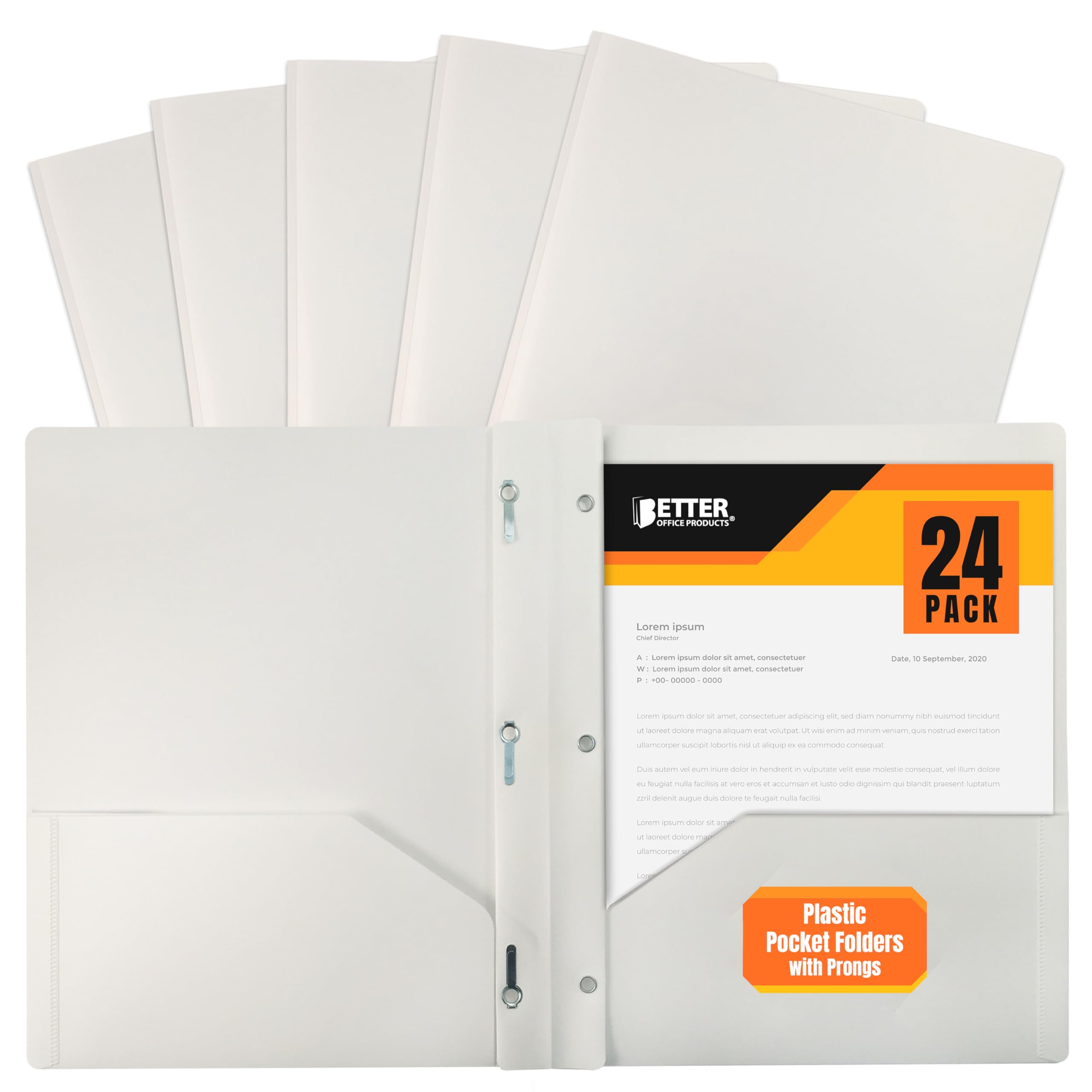 Better Office Products White Plastic 2 Pocket Folders with Prongs, 24 Pack, Heavyweight, Letter Size Poly Folders with 3 Metal Prongs Fastener Clips,