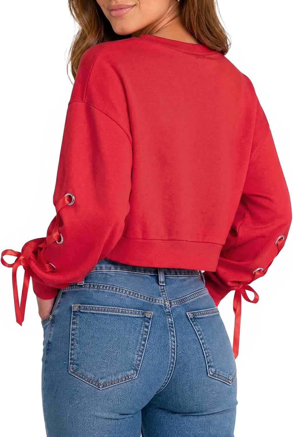 Remidoo Womens Crop Top Sweatshirt Lace Up Long Sleeve Crewneck Cropped Pullover Tops