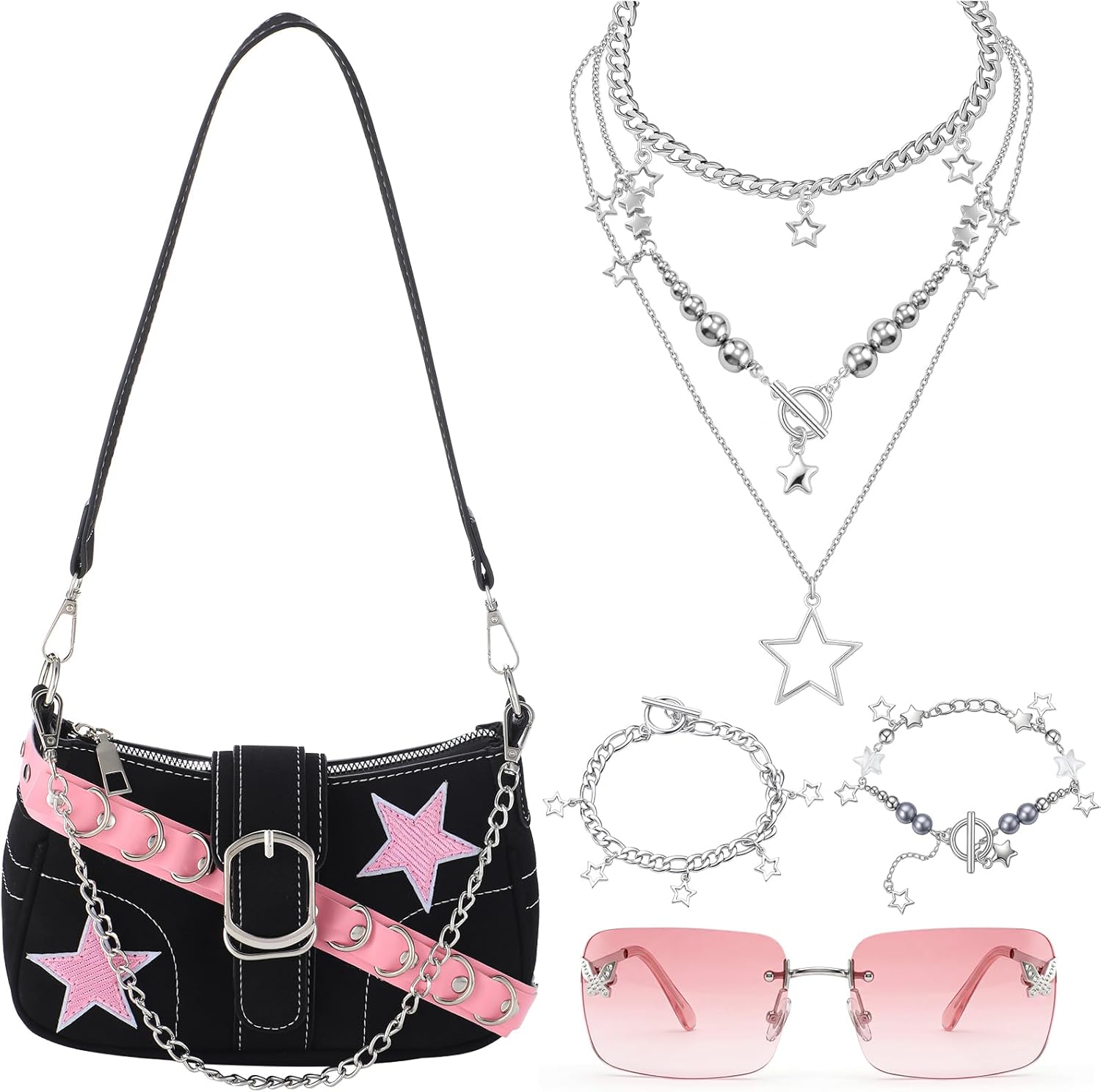 Cunno 5 Pcs Y2k Punk Style Accessories Set 2000s Black Purse Star Fringe Necklace Bracelet Jewelry Set and Pink Gradient Butterfly Sunglasses for Women, Cute Y2k Outfits