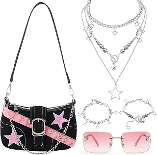 5 Pcs Y2k Punk Style Accessories Set 2000s Black Purse Star Fringe Necklace Bracelet Jewelry Set and Pink Gradient Butterfly Sunglasses for Women, Cute Y2k Outfits