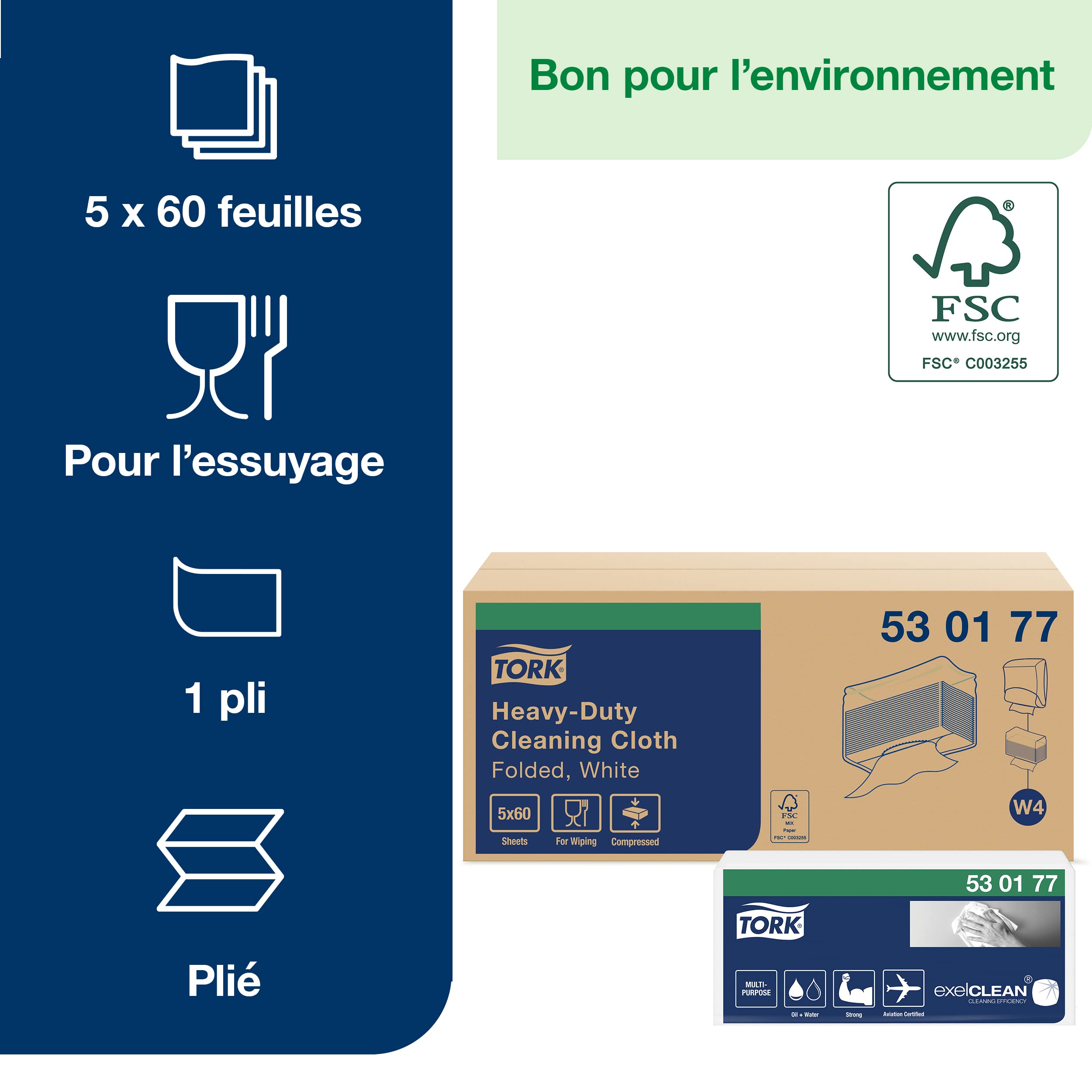 Tork Chiffon de Nettoyage ultra-résistant blanc W4, 1 pli, 1 pack x 60 chiffons, 10.8cm x 35.5cm chaque, 530177