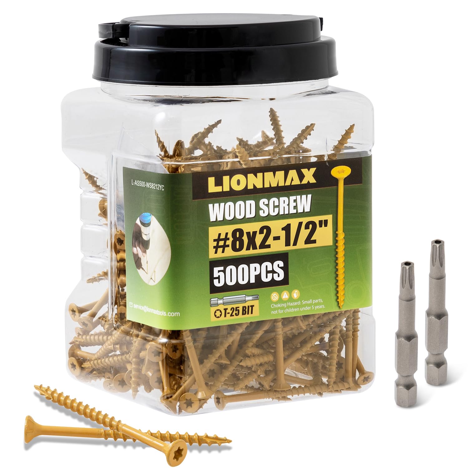 LIONMAX Tornillos para madera de 2-1/2 pulgadas, tornillos de cubierta #8 x 2-1/2 pulgadas, 500 unidades, resistentes a la corrosión, revestimiento epoxi, tornillo de madera exterior, tornillos de