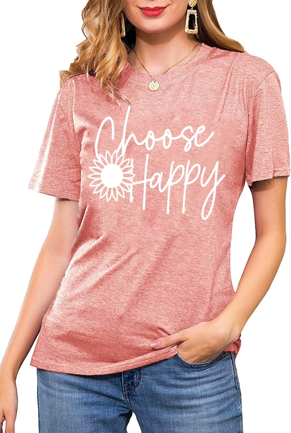 Graphic Tees for Women Choose Happy Letter Print Shirts Sunflower Women T Shirt Inspirational Short Sleeve Casual Tops - Image 4