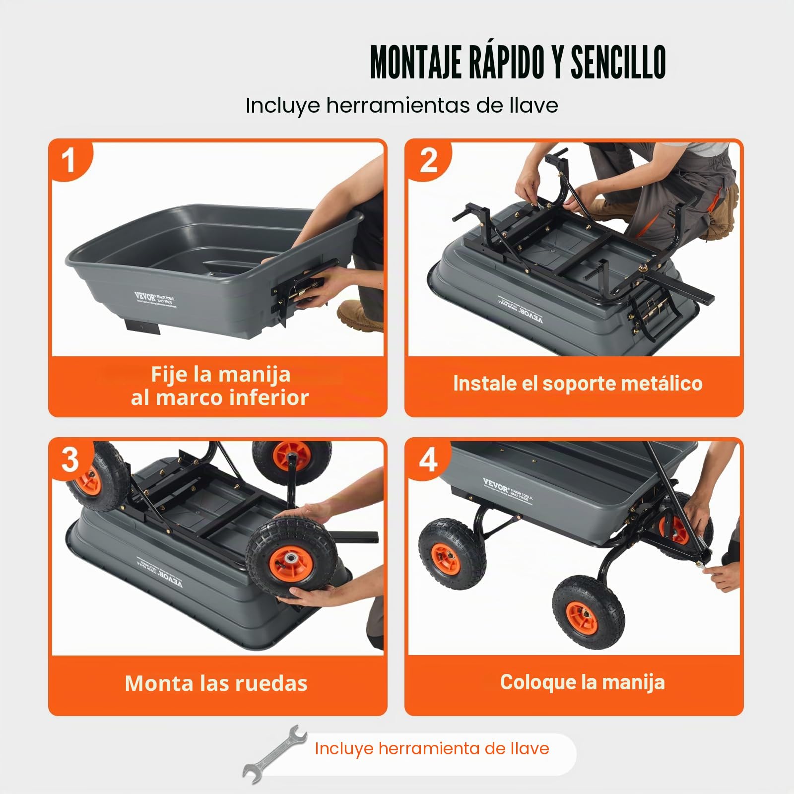 VEVOR Carro Volquete de Polietileno para Jardín con Marco de Acero Fácil de Montar, 2 en 1 Carro Volquete con Mango Convertible con Neumáticos de 255 mm, 270 kg de Capacidad para Jardín, Patio