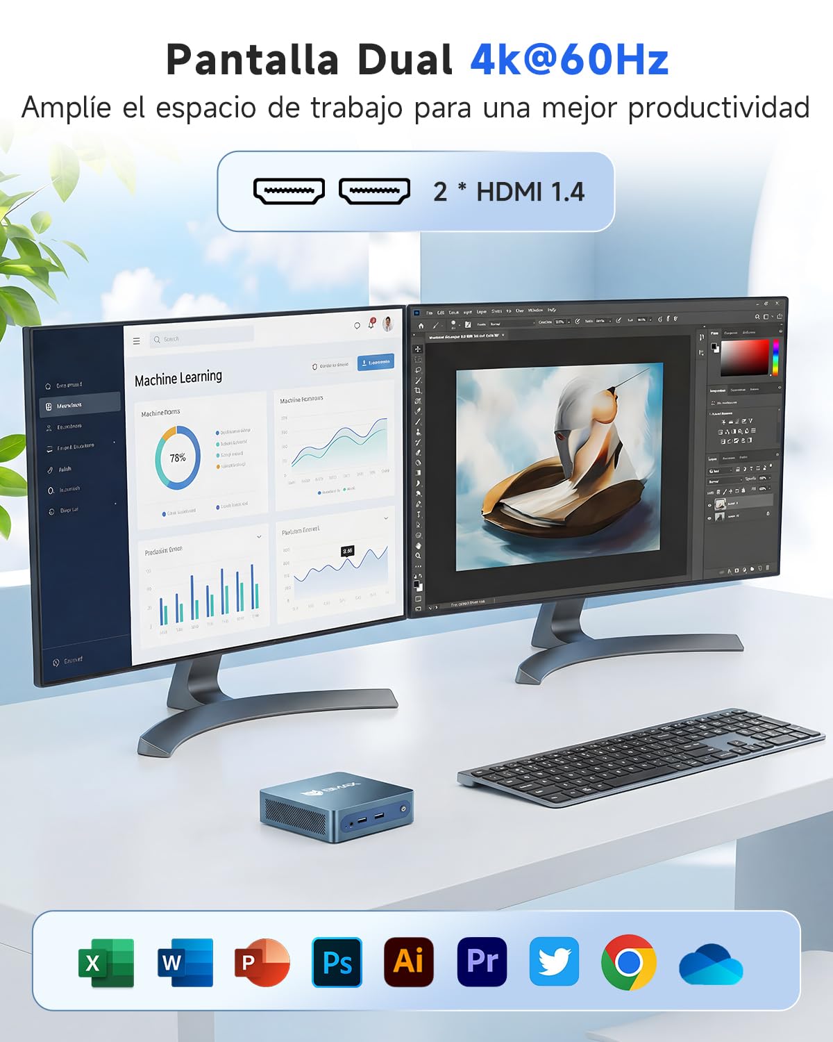 BMAX B1Plus Mini PC Win 11, Intel Celeron J3355(hasta 2,5 GHz) 6 GB LPDDR3, 128 GB eMMC SSD, Mini Ordenador de Sobremesa, Micro PC,WiFi 5, BT5.0, 4K@60HZ UHD Dual Display para Oficina