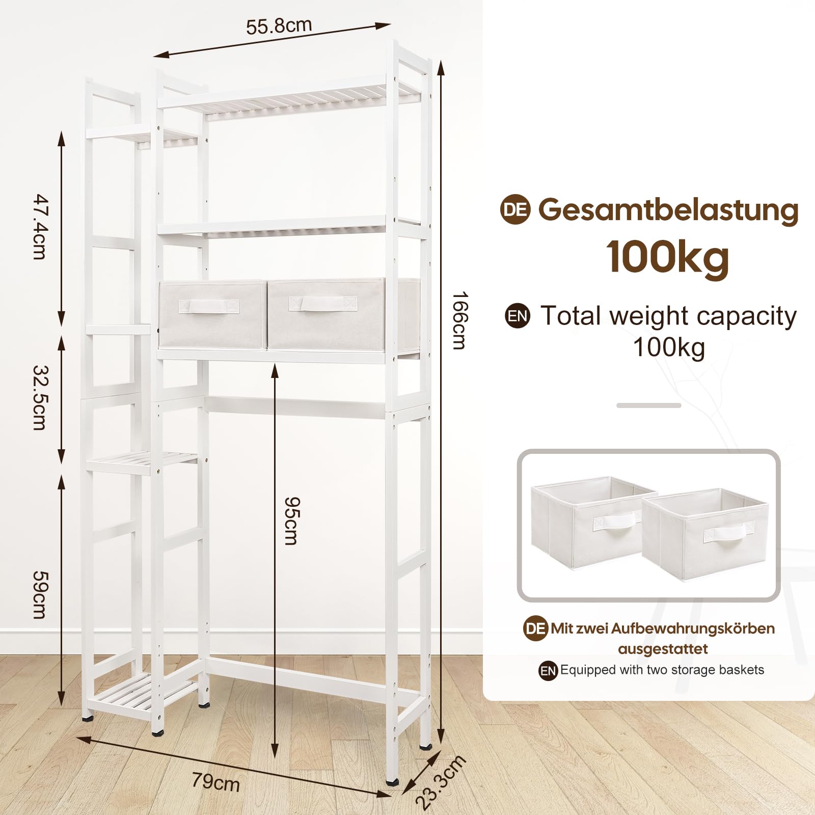 Yorbay Étagère WC en bambou : étagère de toilette à 3 étages et 2 paniers (blanc) | Réglable avec repose-pieds imperméable - Étagère de salle de bain multifonctionnelle - Peu encombrante - Montage facile