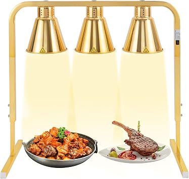 3-Head Food Heat Lamp Warmer Gold, 750W 3*Tungsten Bulb Buffet Display Heating Preservation Light for Buffet, 122F Insulation Electric Portable Heating Lamp Adjustable HeightGold 3-Head