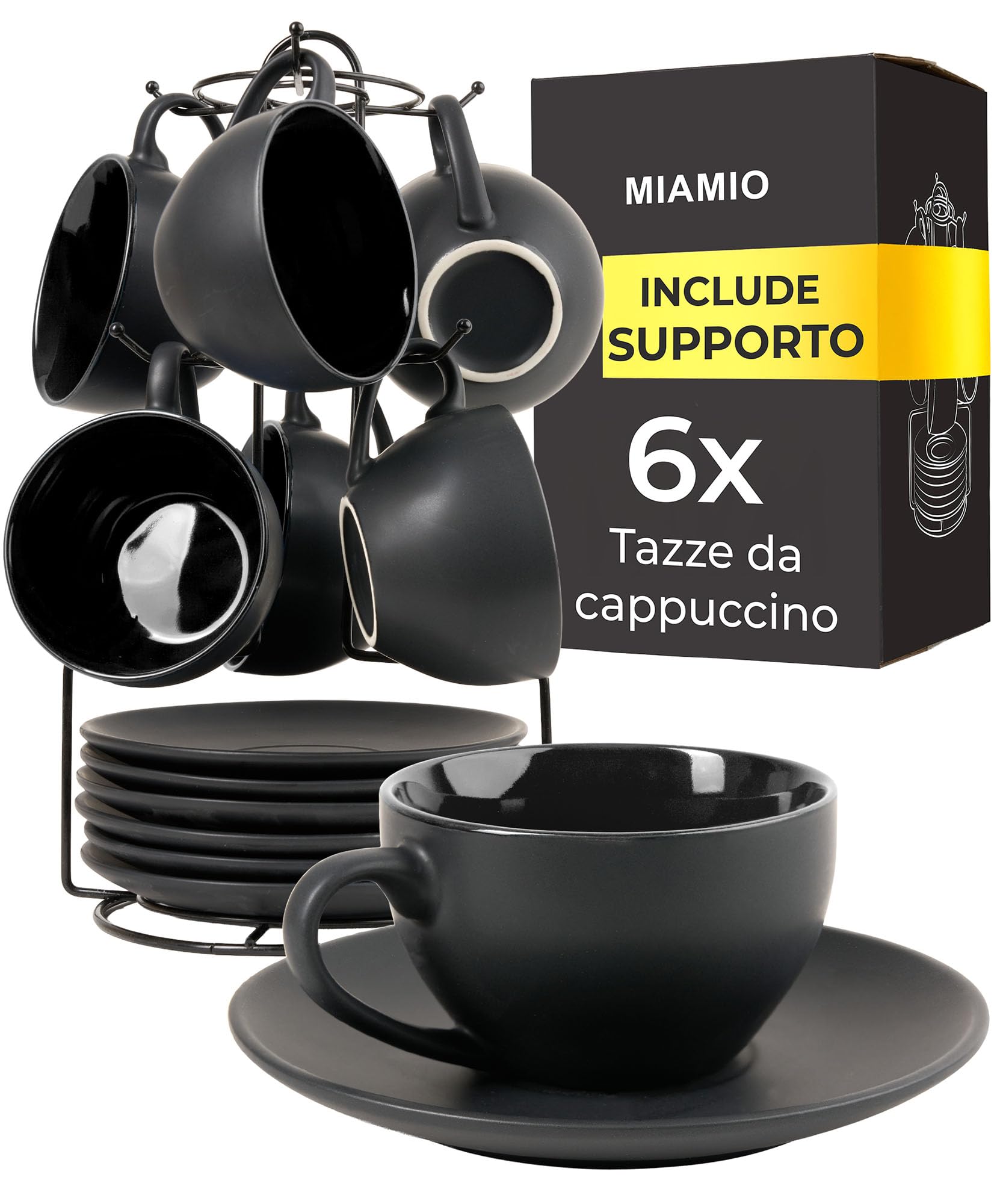 MIAMIO - 175 ml Set di 6 Tazze Cappuccino con Piattini/Tazza Cappuccino/Tazze da Cappuccino - Set Tazzine Caffè con Piattino - Tazze Colazione - Tazze Caffe - Collezione Le Papillon (Negro)